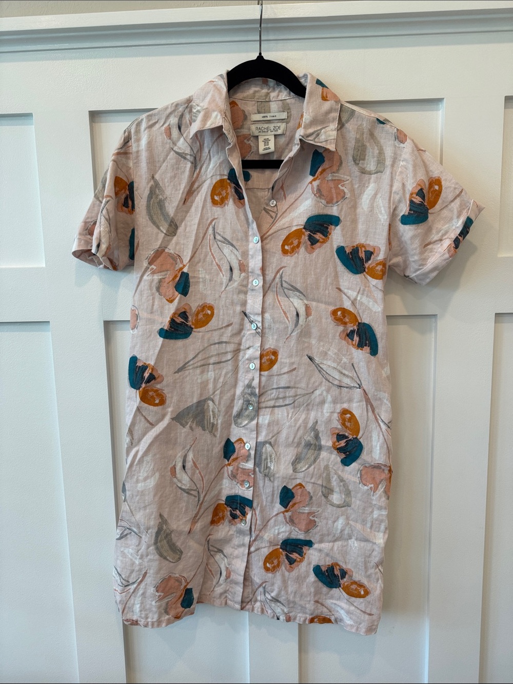 Rachel Zoe Pale Pink Floral Print Short Sleeve Button-Down Shirt Dress
